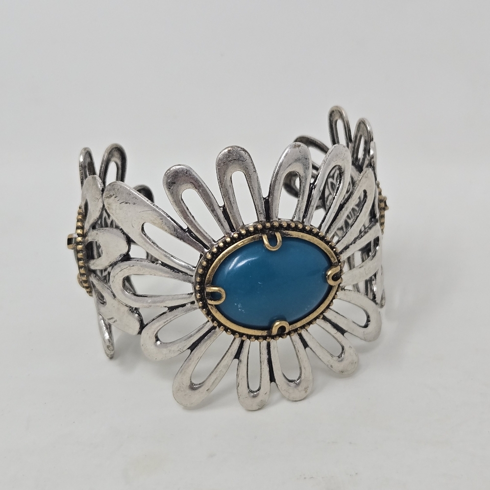LUCKY BRAND Boho Southwest Faux Turquoise Malachite Flower Cuff Bracelet Western - Picture 6 of 15
